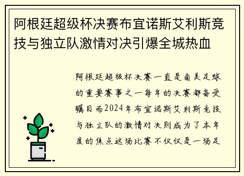 阿根廷超级杯决赛布宜诺斯艾利斯竞技与独立队激情对决引爆全城热血