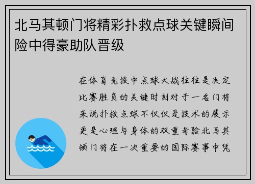 北马其顿门将精彩扑救点球关键瞬间险中得豪助队晋级